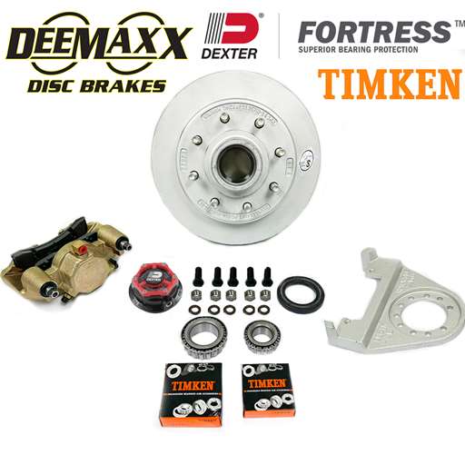 DeeMaxx® 7,000 lbs. Disc Brake Kit with 9/16" Studs for One Wheel with Gold Zinc Caliper, Timken® Bearings, and Dexter® Fortress® Aluminum Oil Cap - DM7KGOLD916-F-TK